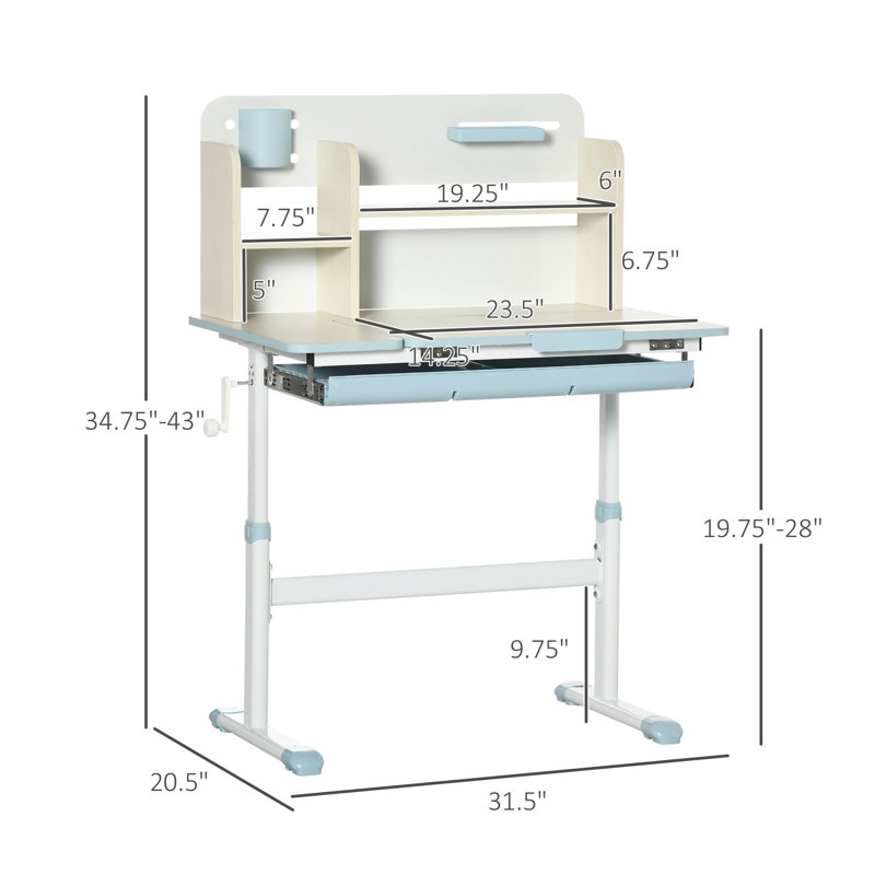 Bureau d'étude pour enfants à hauteur réglable avec tablettes, table d'écriture en MDF bleu