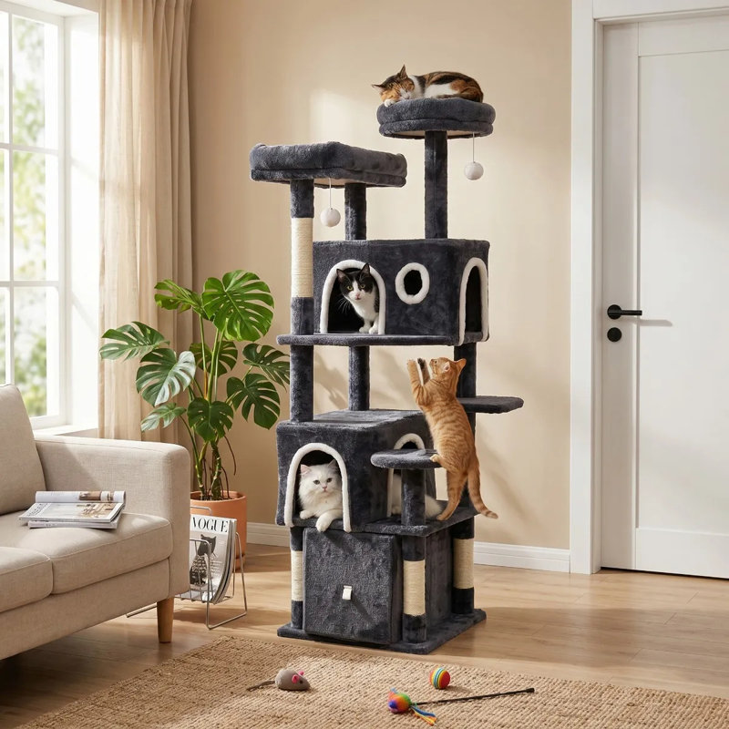 Arbre à chat 64 po en fausse fourrure, gris foncé, Gris foncé