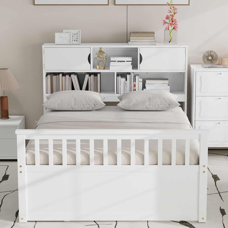 Structure de lit plateforme en bois pleine grandeur avec tablettes et quatre tiroirs, Blanc
