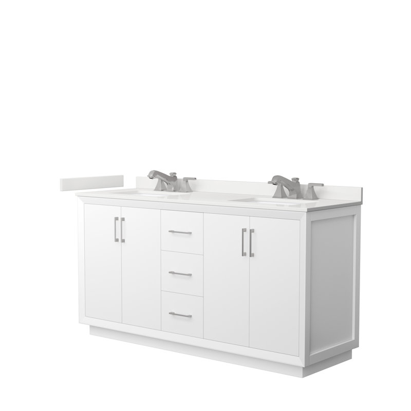Strada 66" Freestanding Double Bathroom Vanity with Cultured Marble Top, White, Matte Black, Giotto Quartz