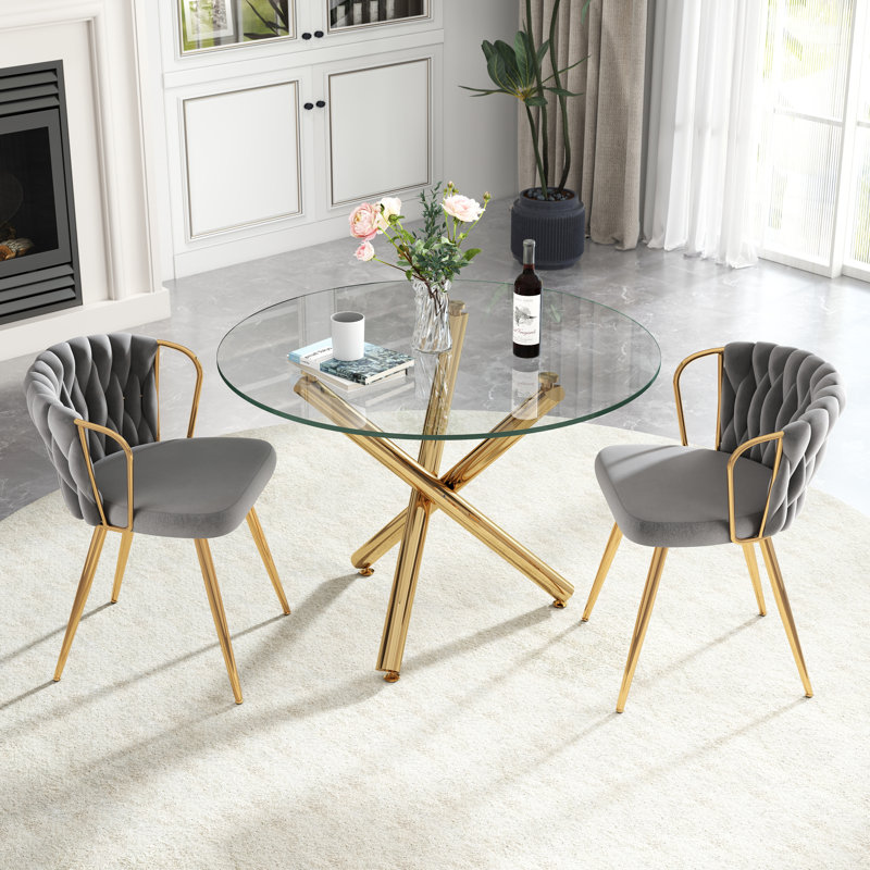 Ensemble de table de salle à manger Elegant, 3 pièces: table, 2 chaises, Gris, Doré