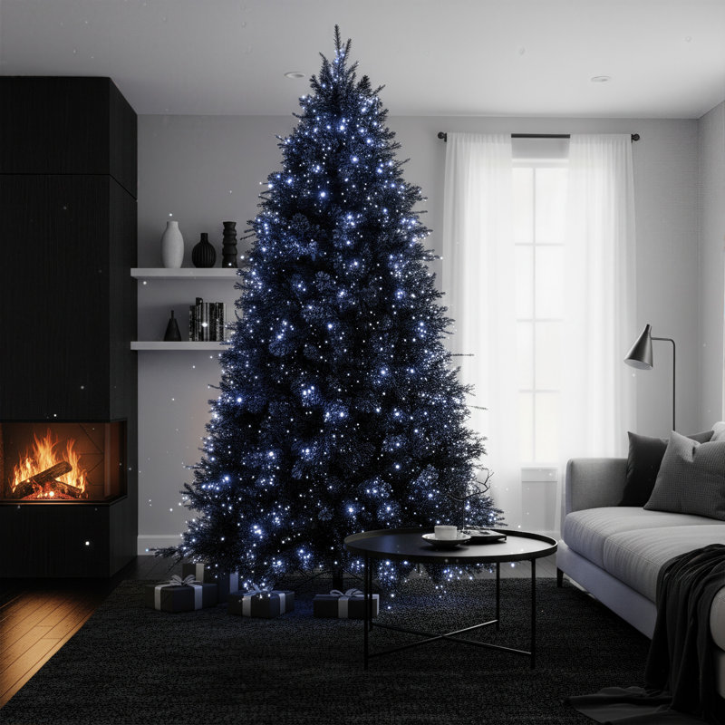 Arbre de Noël artificiel noir avec lumières DEL blanches - spectacle de fêtes célestes, H 7 pi