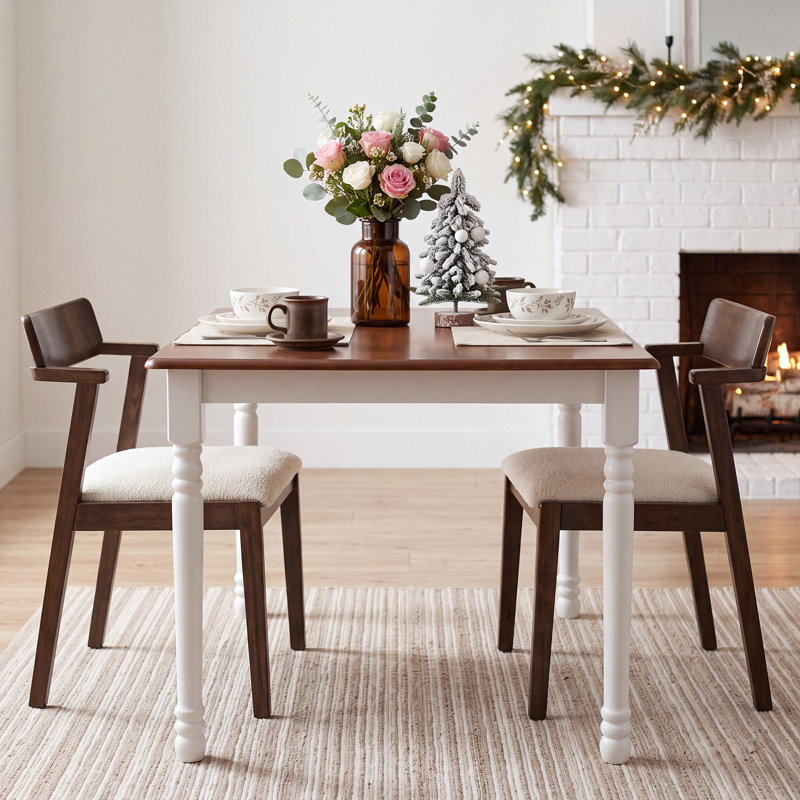 Modern Farmhouse Rectangular Solid Wood Dining Table, Walnut/White