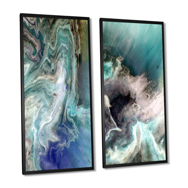 Turquoise, art liquide - ensemble de 2 peintures sur toiles, H 32 po x l 32 po x P 1 po, Cadre photo noir