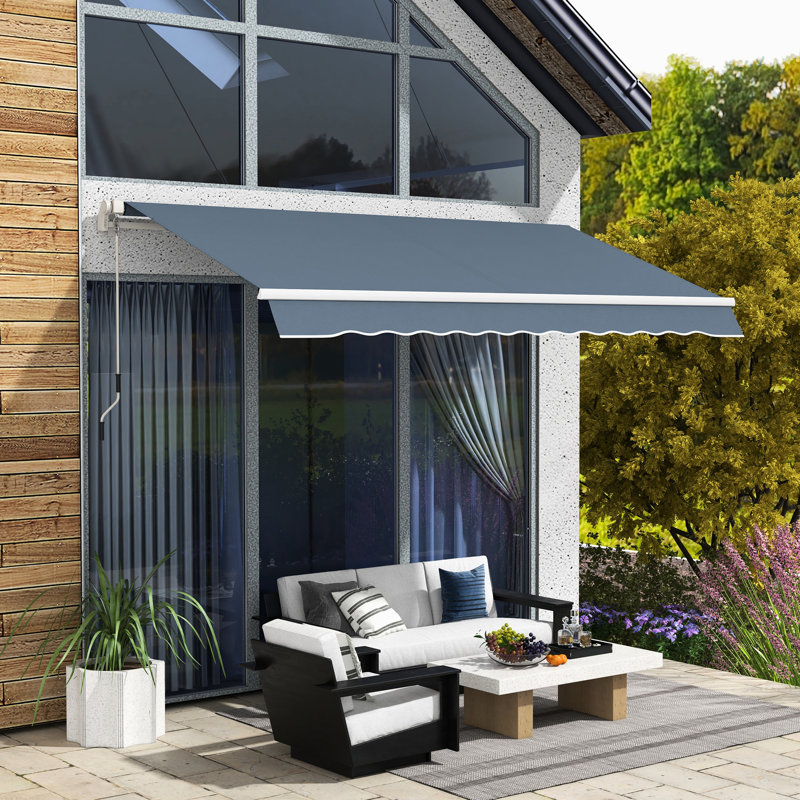 Auvent de patio rétractable 12 pi x 10 pi. Manivelle manuelle, tissu 280G / M et eau. Cadre en aluminium pour différents endroits. Abat-jour gris anthracite avec balcon à manivelle, patio, cour