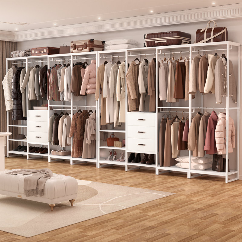  74'' Closet System with Wooden Drawers and Hanging Rods, White