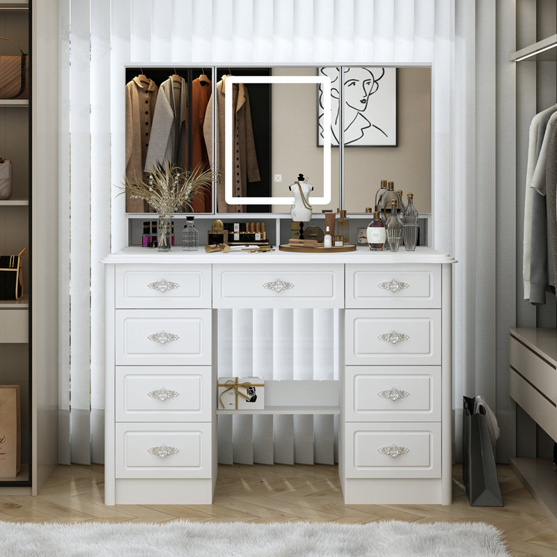 100cm Wide Modern Dressing Table with 9 Drawers & Lighted Mirror - High-Capacity Vanity Desk - White