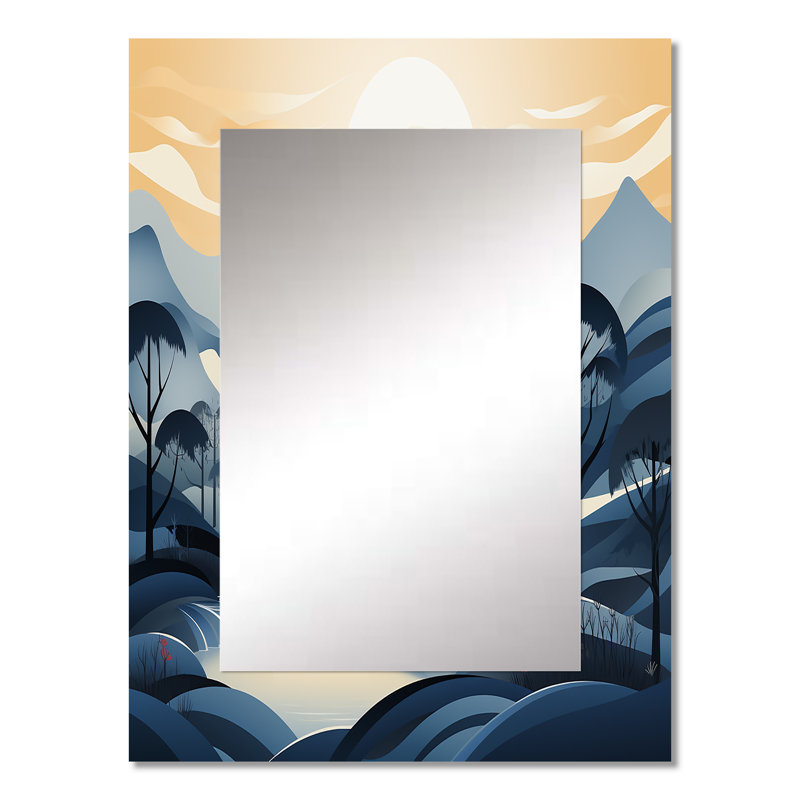 Bleu gris, dessin au trait, paysage, miroir décoratif, 32 po x 24 po