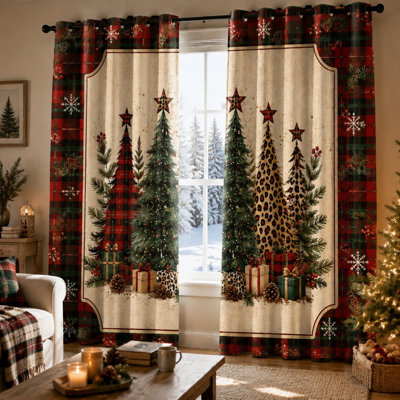 2 pièces de rideaux d'arbre de Noël à motif écossais Buffalo, impression de scène de neige hivernale festive, anneau décoratif de soleil bloquant les fêtes pour le salon de la maison