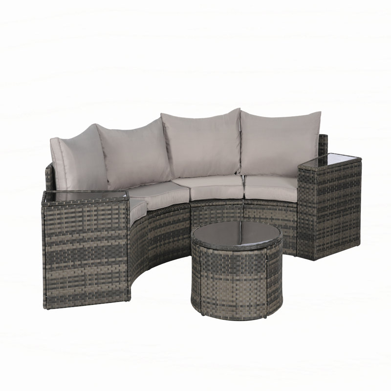 Ensemble de canapé modulaire d'extérieur demi-lune 7 pièces avec table basse ronde en verre trempé, Gris clair