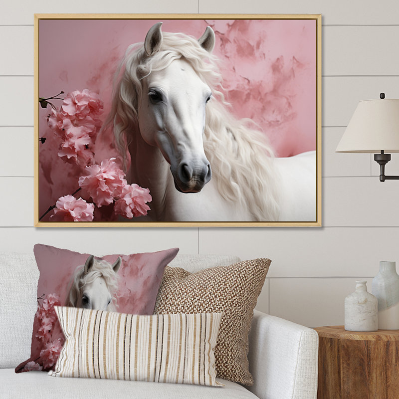 Cheval rose blanc doux beauté - art mural cheval, H 24 po x l 32 po x P 1 po, Cadre flottant érable
