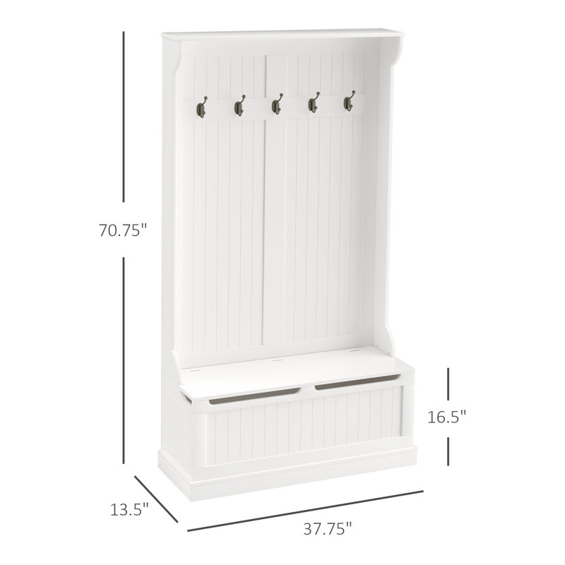 38" 3-In-1 Entryway Hall Tree With Storage Bench, Coat Rack With Four Hooks And Shoe Storage, White