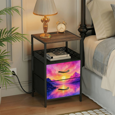 Table de chevet 2 tiroirs avec station de charge, table de chevet avec ports USB et amp; Outlets, tablette ouverte noire, table de chevet avec impression de paysage aquarelle ciel coloré Sunset Lake Mountains