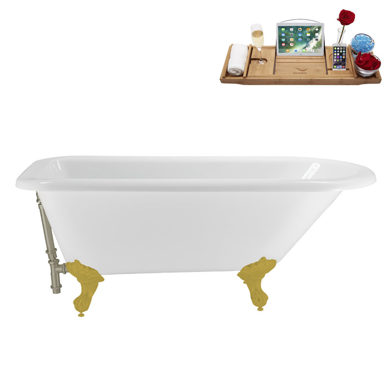 62" Streamline Clawfoot Tub,Tray,Drain, Clawfeet, Brushed Gold, Brushed Nickel