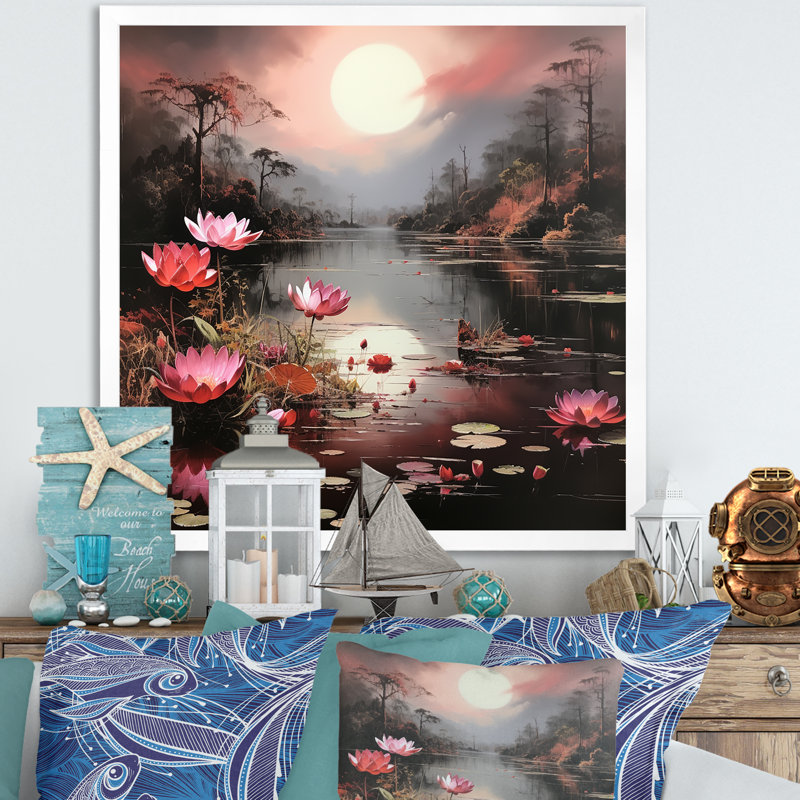 «Tropical Lake Pond Moonlight» - art mural bord de mer tropical, Cadre simple blanc, H 16 po x l 16 po x P 1 po