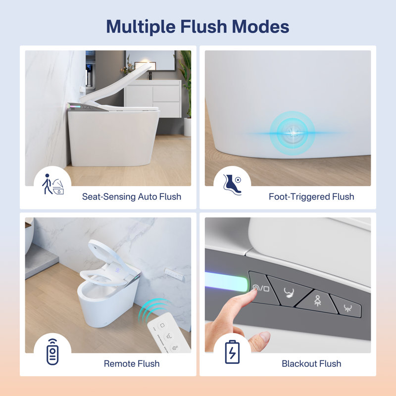 Elongated Smart Toilet with Bidet, Auto Open/Close Lid & Seat, Heated Seat, Warm Air Dryer, Touchless Flush, Night Light & Remote