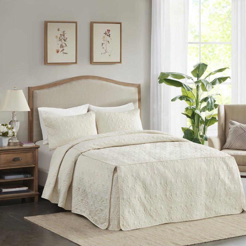 Couvre-lit plissé en coin 3 pièces Québec, Très grand, Crème, crème