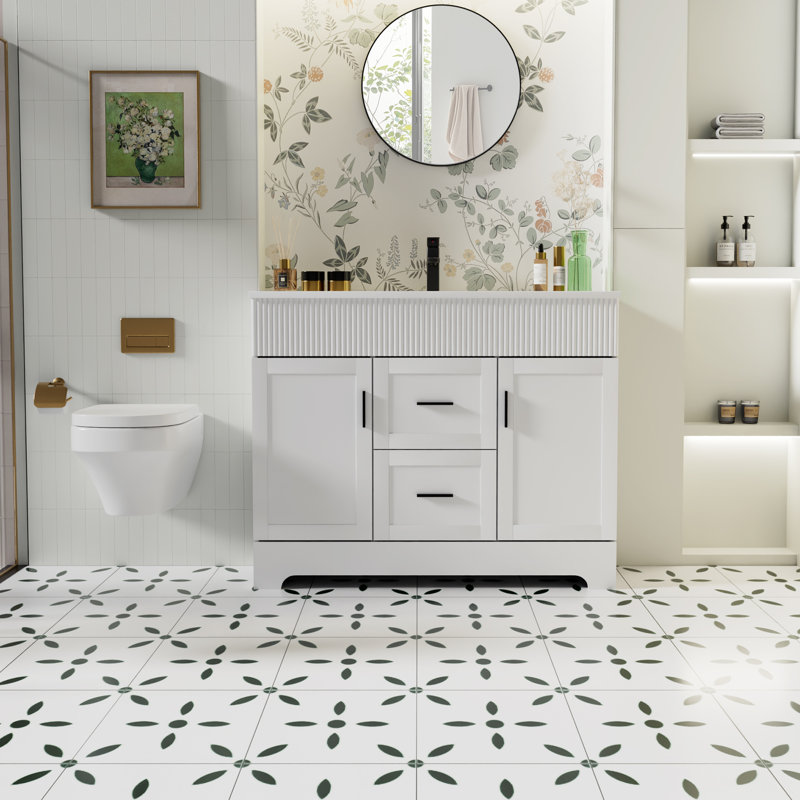 Meuble-lavabo autoportant Breonica de 42 po avec lavabo intégré en résine, design cannelé moderne, fini laqué PU résistant à l'eau, portes et tiroirs à fermeture amortie pour la rénovation de votre salle de bain.