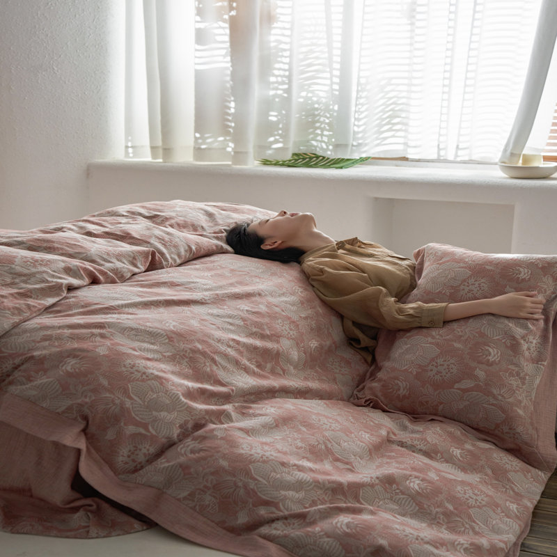 Vintage Jacquard Textured Floral  Cotton-Linen Duvet Cover Set, Queen Duvet Cover + 2 Pillowcases, Pink