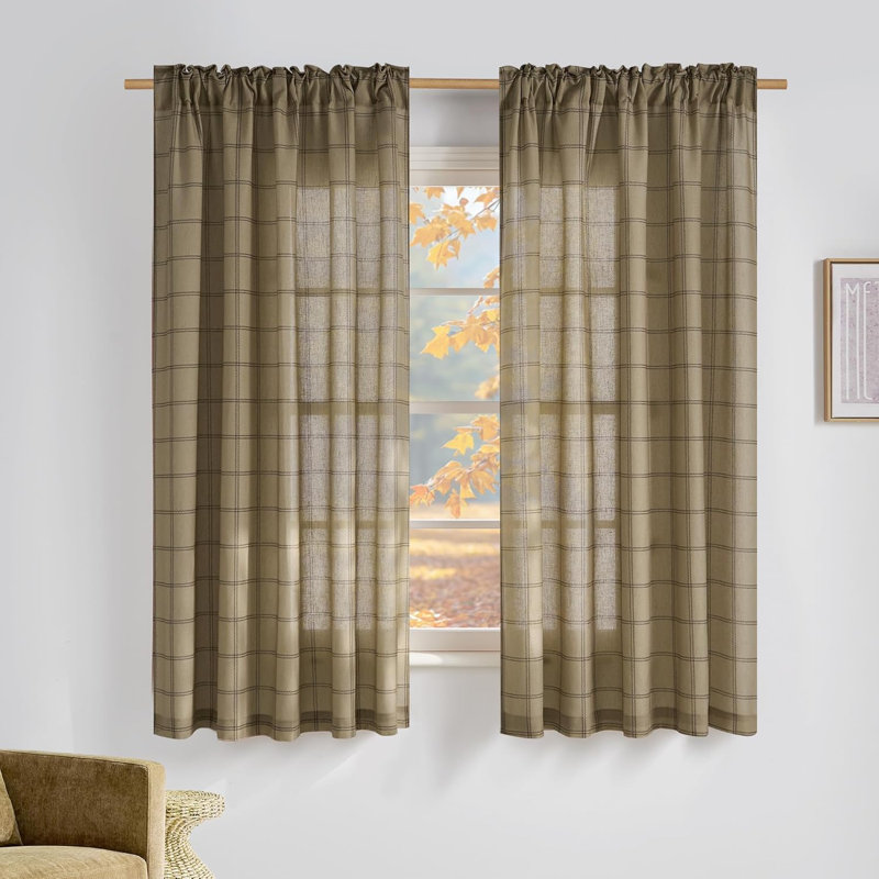 Linen Plaid Curtains Modern Window Panels Check Tartan Light Filtering Curtains for Living Room Bedroom, Rod Pocket Back Tab, 2 Panels
