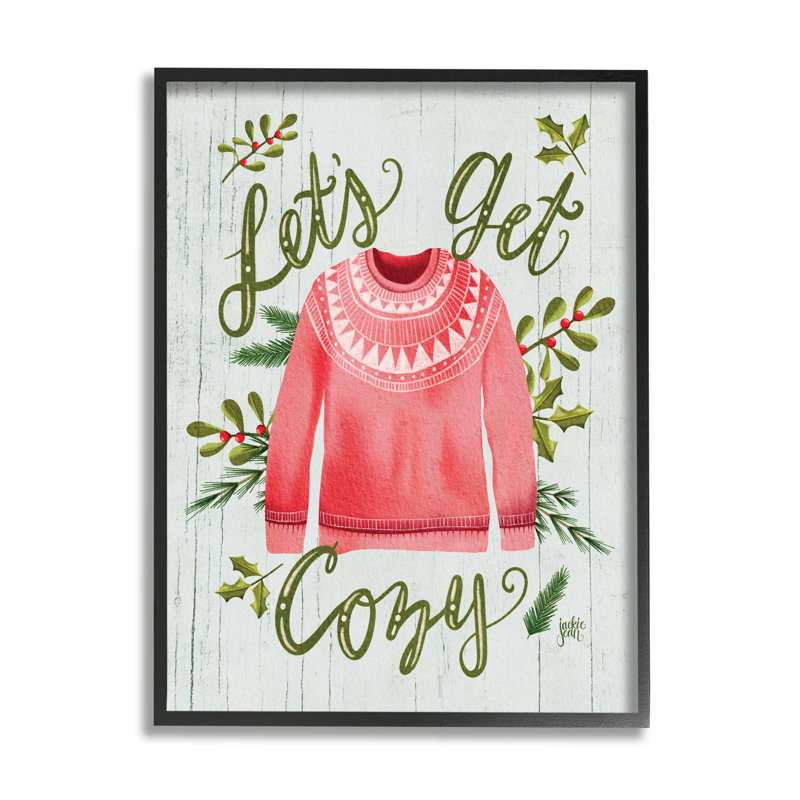 «Let Get Cozy Holly Plants», chandail d'hiver rose - impression sur bois, Giclée encadrée noir minuit