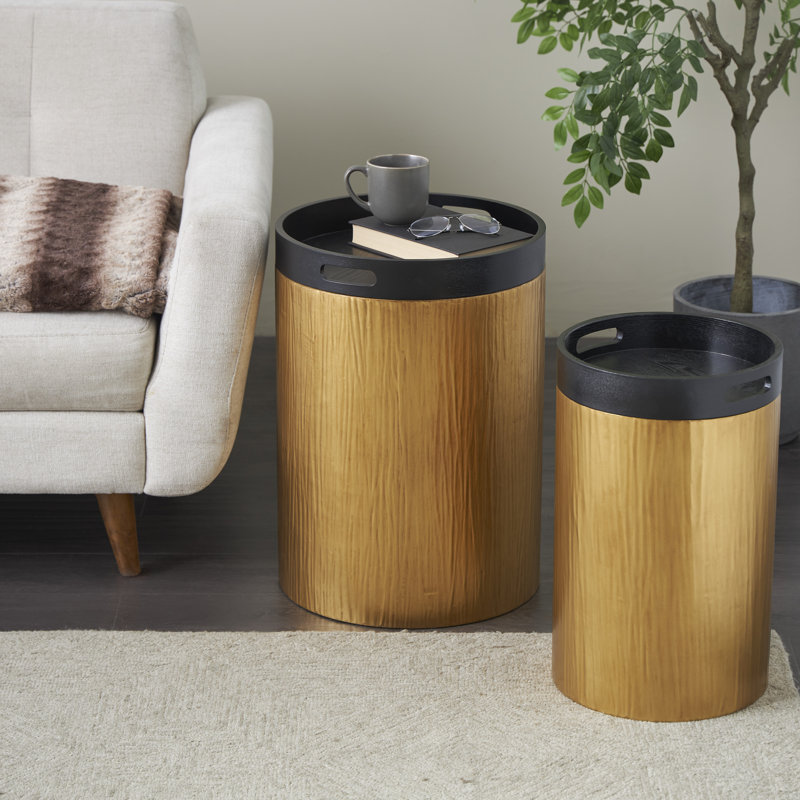 Yanae Metal Nesting Side End Gold Accent Table with Black Tray Tabletops Set