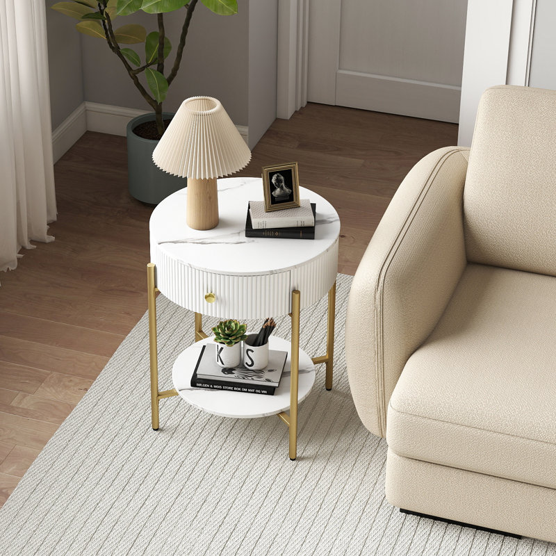 Woodville Side Table with Storage, Gold, Calacatta White