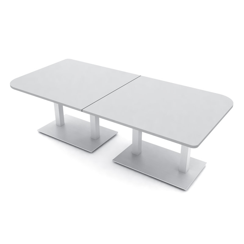 Table de conférence en forme de duo avec double base en métal, L 96 po x l 48 po, Brouillard gris, Argent argent