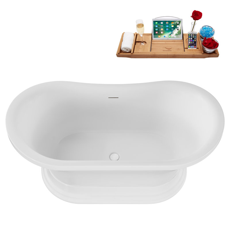 59" Streamline Soaking Acrylic Freestanding Bathtub, Bamboo Tray, Drain, Glossy White