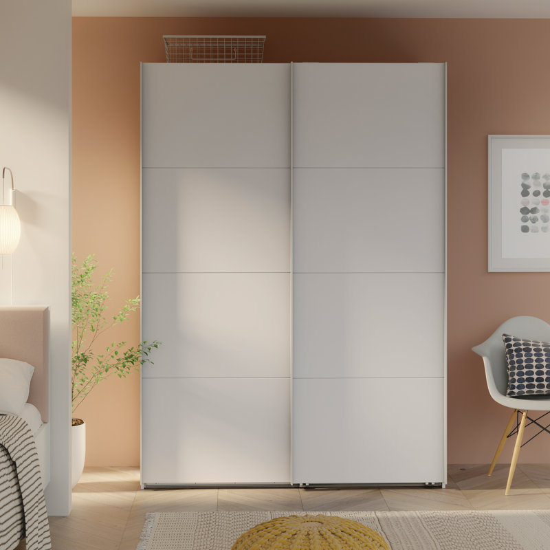 Modern Wardrobe with 2 Sliding Doors, Engineered Wood, White, 211cm H x 200cm W x 63cm D, Chrome