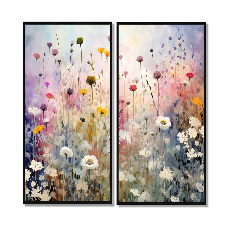 «Wildflowers Wander Meadows» - art mural blanc, H 20 po x l 24 po, Noir, Impression encadrée flottante