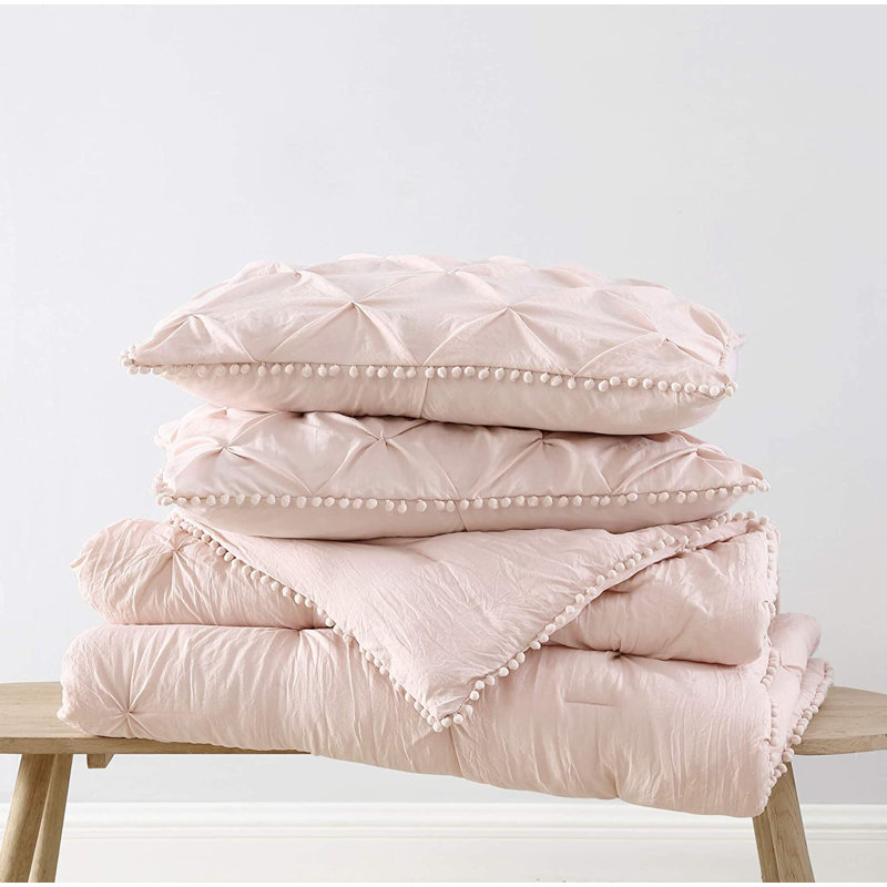Natalia Washed Microfiber Pom Pom Pintuck Pleat Comforter Set, White, Twin Comforter + 1 King Sham