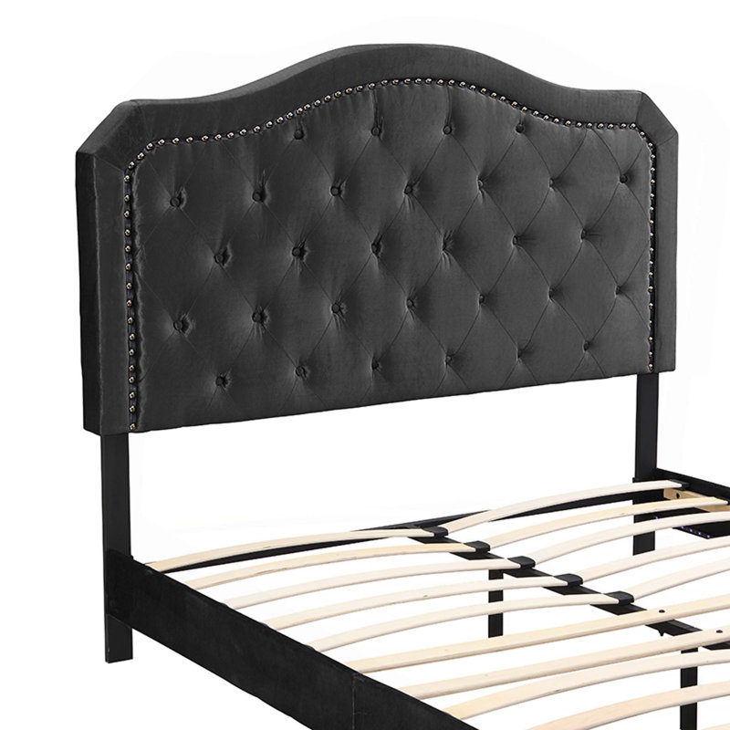 Bouton de lit rembourré capitonné avec un design incurvé - Support en lattes de bois robuste - Assemblage facile, avec lumière DEL
