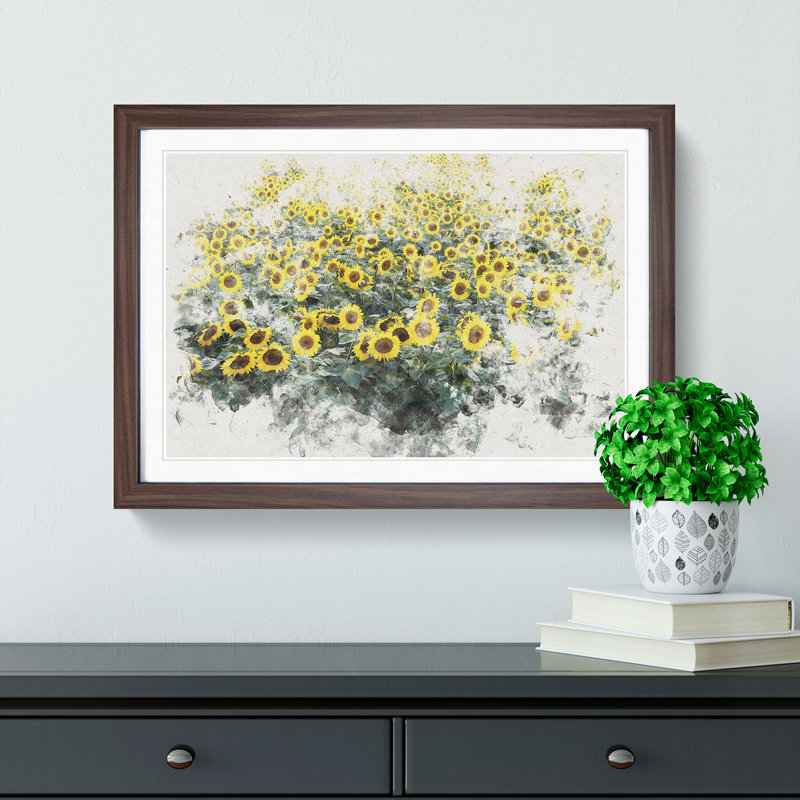 Field of Yellow Sunflowers - Picture Frame Painting Print, 26cm H x 36cm W, Walnut Framed