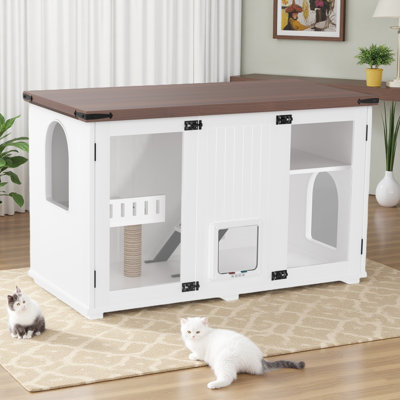 Arge Cat Litter Box Enclosure With Led Light & Smart Doors - Hidden Litter Furniture, Multi-functional Cat House With Scratching Post & Stairs For Living Room, White