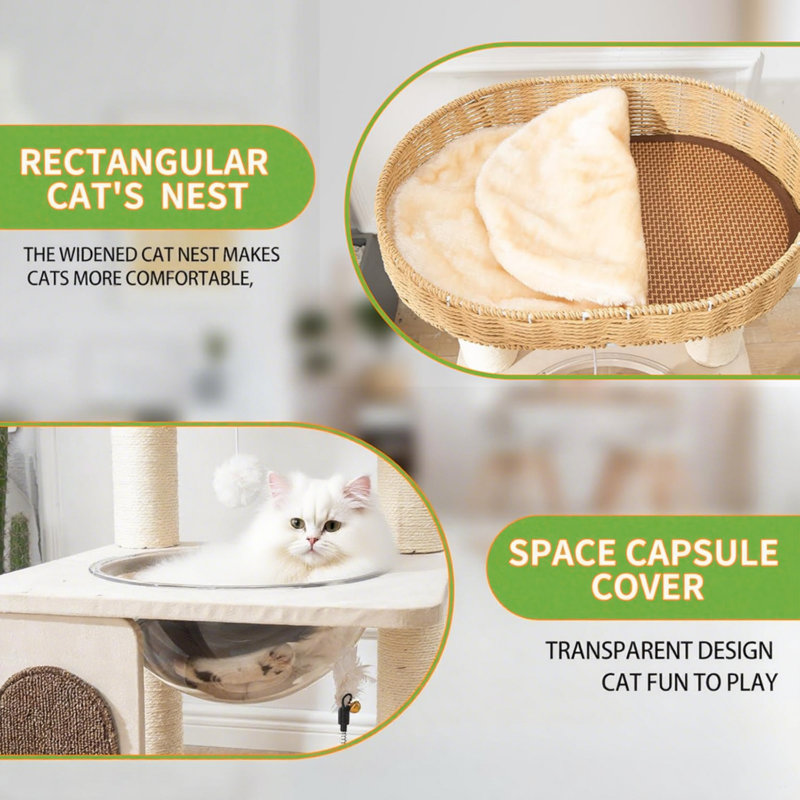 Modern Cat Tree With Hand-Woven Cat Condo & Sisal Scratching Posts: Space Capsule Cats Nest & Interactive Toy For Indoor Cats To Climb, Play & Relax In Style