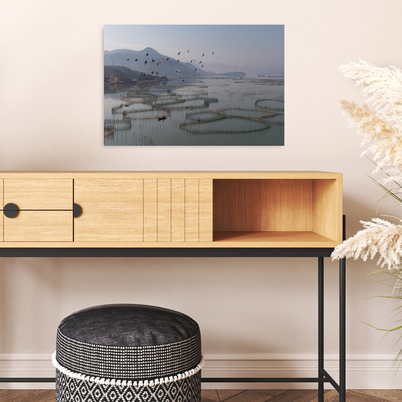 «Flying Birds Calm Waters Peaceful Serene Tranquil Bamboo Bird Landscape Nature», art mural, H 16 po x l 24 po