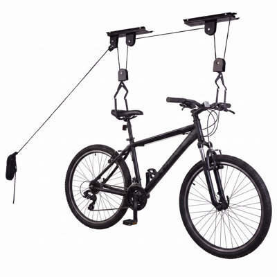 Système de levage et de rangement pour vélos en acier au carbone, robuste et conçu pour une installation au plafond d'un garage. Offerts en ensemble de 1 ou 2, pour un rangement optimal et un gain d'espace dans votre garage.