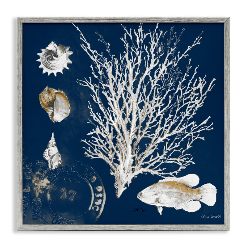 Coral Medley on Navy Framed Giclee, design by Lanie Loreth, 12" H x 12" W, Farmhouse Gray Framed Giclee
