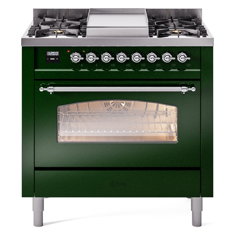 Cuisinière à double combustible ILVE Nostalgie II Series 36 po avec 6 brûleurs scellés et plaque de cuisson (gaz naturel, porte vitrée)