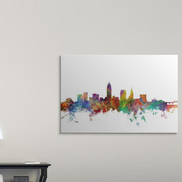 «Francy Cleveland Ohio Skyline» par Michael Tompsett, impression, Cadre noir, H 20 po x l 26 po x P 1 po