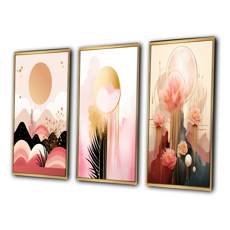 «Golden Full Moon Retro Illustration», 3 pièces sur toile, Cadre flottant doré, H 40 po x l 60 po