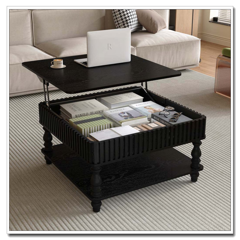 Square Fluted Lift-Top Coffee Table with Hidden & Open Storage, Black