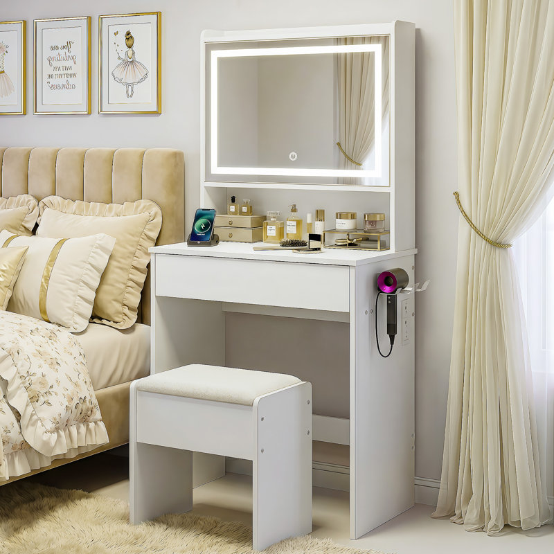 Farmhouse Vanity Desk with Lighted Mirror and Charging Hub, White