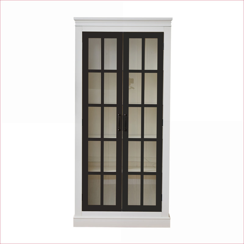 Freestanding Pantry Cabinet With Glass Door, Farmhouse Display Cabinets With Storage, Curio Cabinet With Lattice Window