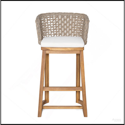 Tabourets de bar d'extérieur en bois d'acacia (4 PCS), chaises de bar à hauteur de teck avec coussin beige et dossier en osier brun clair, tabourets à hauteur de comptoir pour patio, bord de piscine, îlot de cuisine