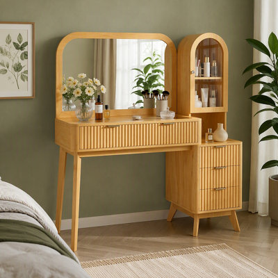 Meuble-lavabo cannelé de 48 po avec grand miroir de 32 po, grand meuble-lavabo moderne avec plateau en verre avec 4 tiroirs et armoire de rangement, ensemble de coiffeuse avec station de charge pour la chambre à coucher