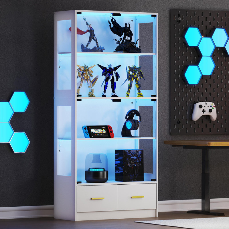 "5-Tier Tempered Glass Display Cabinet with LED Lights, Curio Cabinet with Adjustable Shelves for Home & Office, White