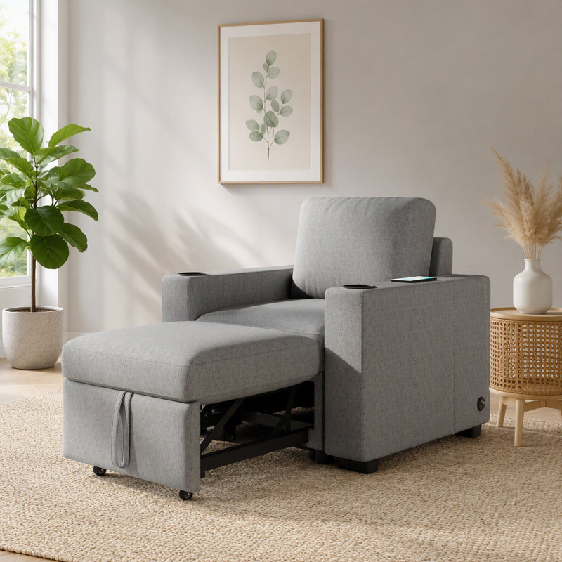 Canapé-lit convertible moderne avec ports USB, porte-gobelets et revêtement en chenille pour espaces de vie compacts.