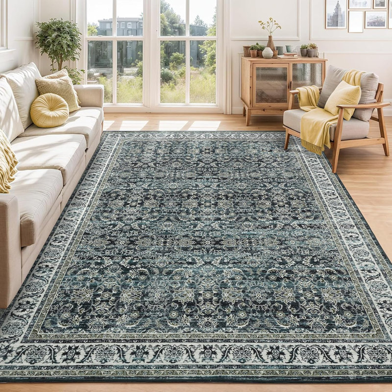 5x7 Washable Area Rugs Soft Vintage Floral Large Rug Foldable Low Pile Indoor Floor Carpet Farmhouse Non-Slip Throw Rugs Dining Room Charcoal Grey